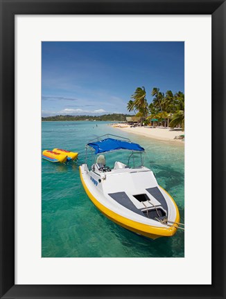 Framed Powerboat and banana boat, Plantation Island Resort, Malolo Lailai Island, Mamanuca Islands, Fiji Print