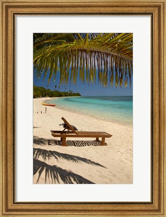 Framed Beach, palm trees and lounger, Plantation Island Resort, Fiji Print