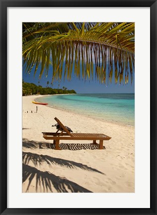 Framed Beach, palm trees and lounger, Plantation Island Resort, Fiji Print