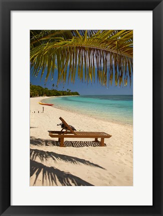 Framed Beach, palm trees and lounger, Plantation Island Resort, Fiji Print