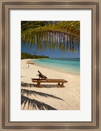 Framed Beach, palm trees and lounger, Plantation Island Resort, Fiji Print