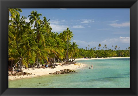 Framed Beach, palm trees and beachfront bures, Plantation Island Resort, Malolo Lailai Island, Mamanuca Islands, Fiji Print