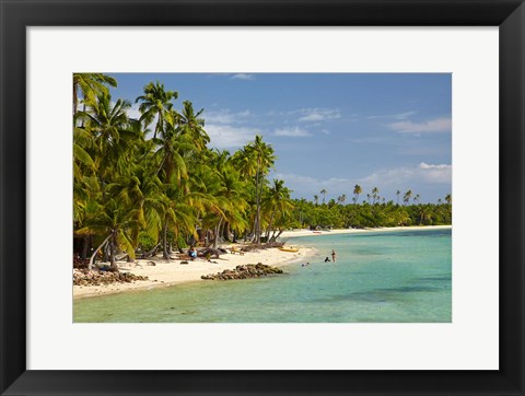 Framed Beach, palm trees and beachfront bures, Plantation Island Resort, Malolo Lailai Island, Mamanuca Islands, Fiji Print