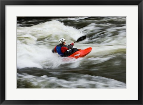 Framed Kayaker plays in a hole in Tariffville Gorge, Farmington River in Tariffville, Connecticut Print