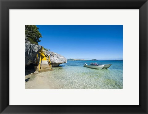 Framed Little motorboats anchoring before the Sawa-I-Lau Caves, Yasawa, Fiji, South Pacific Print