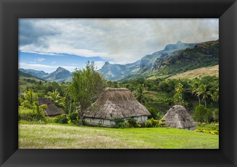 Framed Traditional thatched roofed huts in Navala in the Ba Highlands of Viti Levu, Fiji Print