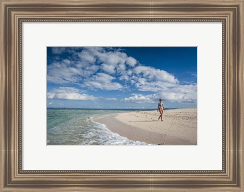 Framed Woman walking on white sand beach of Beachcomber Island, Mamanucas Islands, Fiji Print