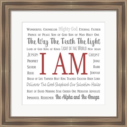 Framed Names of Jesus Square Gray and Red Text Print