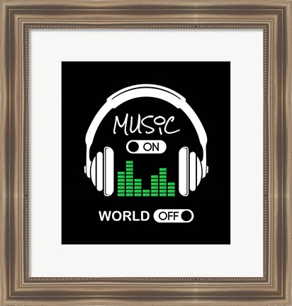 Framed Music On, World Off Headphones Black Background Print