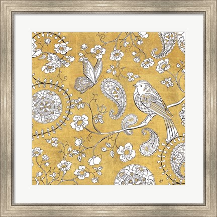 Framed Color my World Bird Paisley I Gold Print