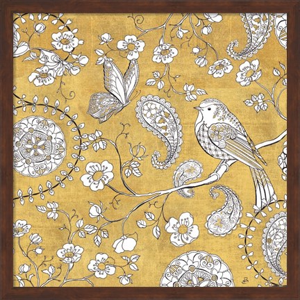 Framed Color my World Bird Paisley I Gold Print