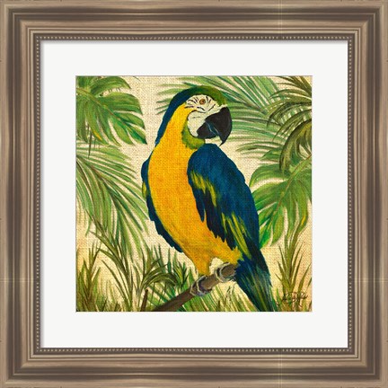 Framed Island Birds Square on Burlap II Print