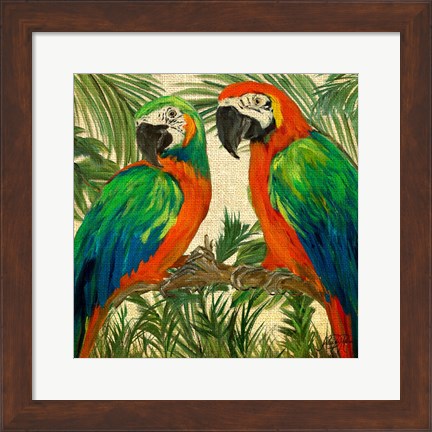 Framed Island Birds Square on Burlap I Print