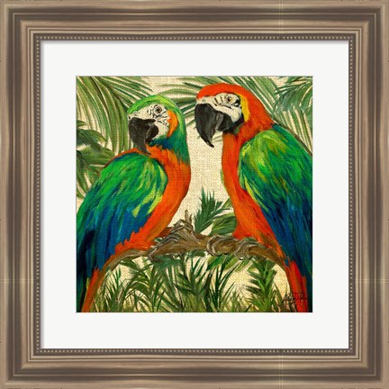 Framed Island Birds Square on Burlap I Print