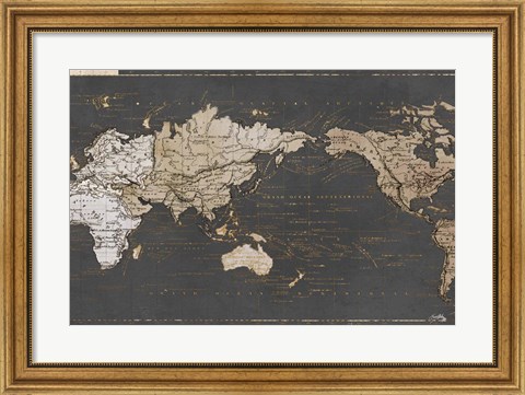 Framed World Map in Gold and Gray Print