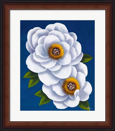 Framed White Flowers on Blue I Print