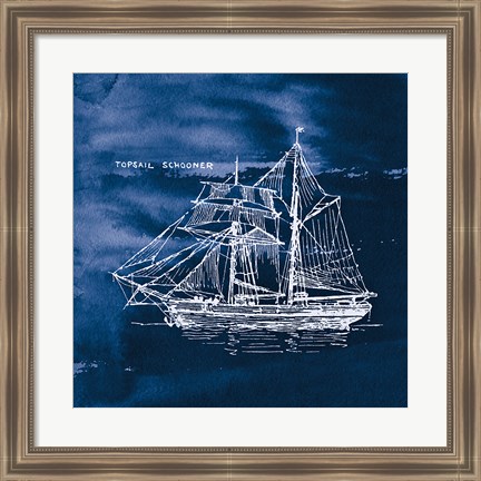 Framed Sailing Ships V Indigo Print