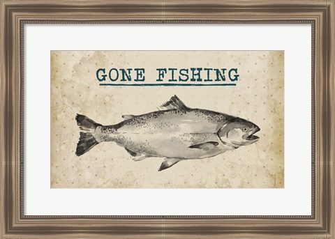 Framed Gone Fishing Salmon Black and White Print