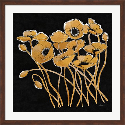 Framed Gold Black Line Poppies I v2 Print