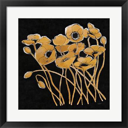 Framed Gold Black Line Poppies I v2 Print