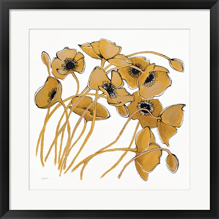 Framed Gold Black Line Poppies II Print