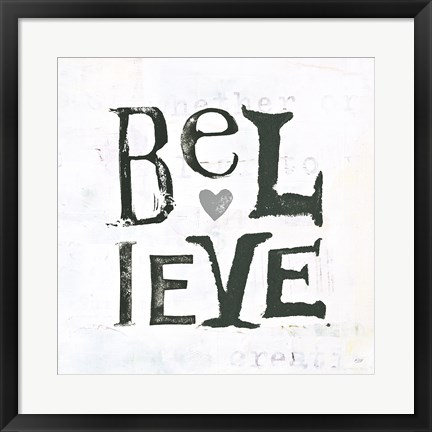 Framed Believe Gray Hearts Print