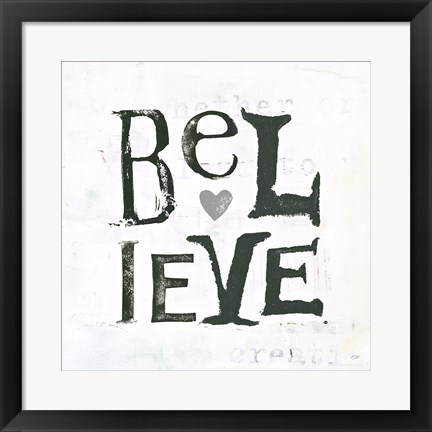 Framed Believe Gray Hearts Print