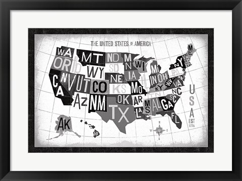 Framed Letterpress USA Map Dark Print