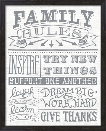 Framed Family Rules II Gray Words Print