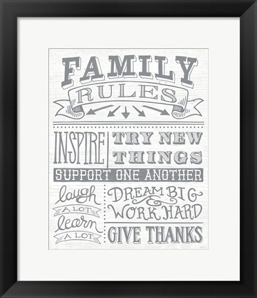 Framed Family Rules II Gray Words Print