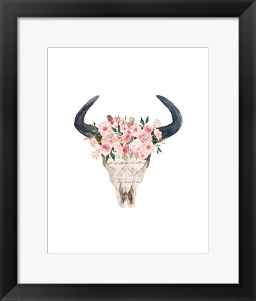 Framed Pink Floral Bull Skull Print