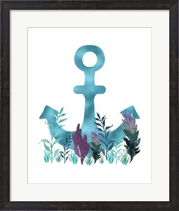 Framed Teal Florals Blue Anchor Print