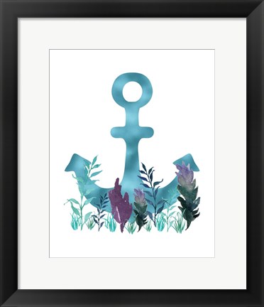 Framed Teal Florals Blue Anchor Print