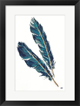 Framed Gold Feathers III Indigo Print