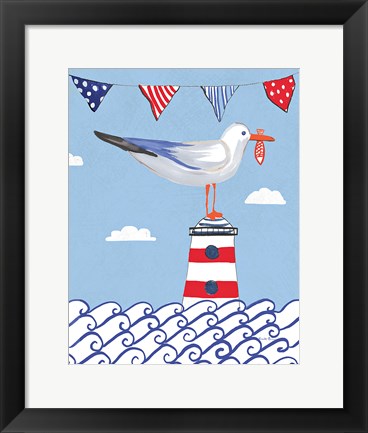 Framed Coastal Bird I Flags on Blue Print