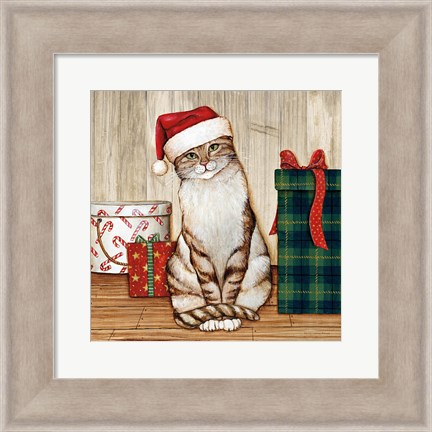 Framed Christmas Kitty on Planked Wood Print