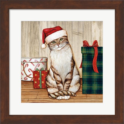 Framed Christmas Kitty on Planked Wood Print