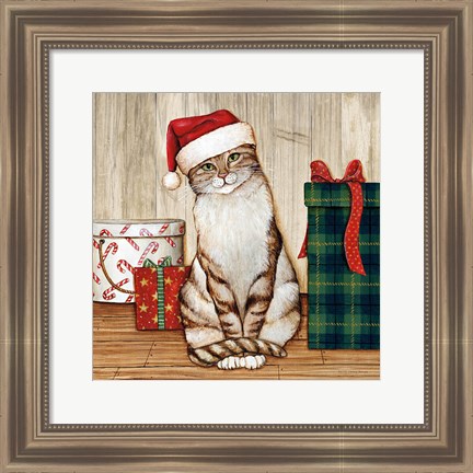 Framed Christmas Kitty on Planked Wood Print