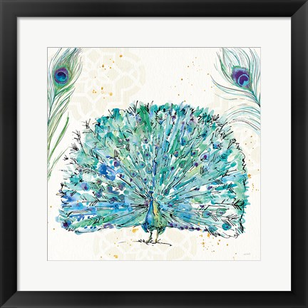 Framed Peacock Garden IX Purple Square no Words Print