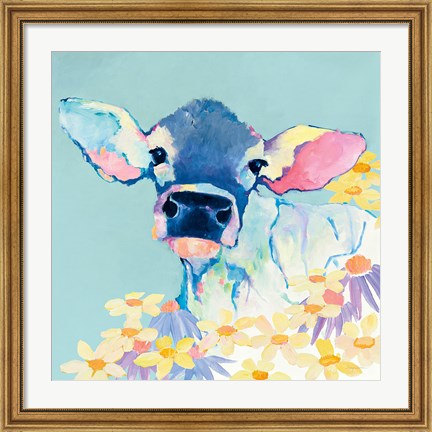 Framed Bessie with Flowers on Teal Print