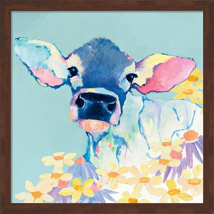 Framed Bessie with Flowers on Teal Print