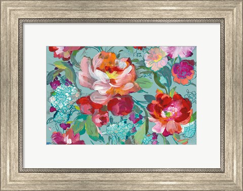 Framed Bright Floral Medley Crop Turquoise Print