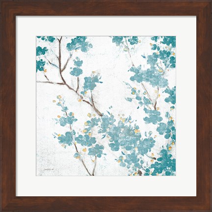 Framed Teal Cherry Blossoms II on Cream Aged no Bird Print