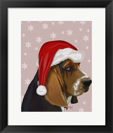 Framed Basset Hound, Christmas Hat Print