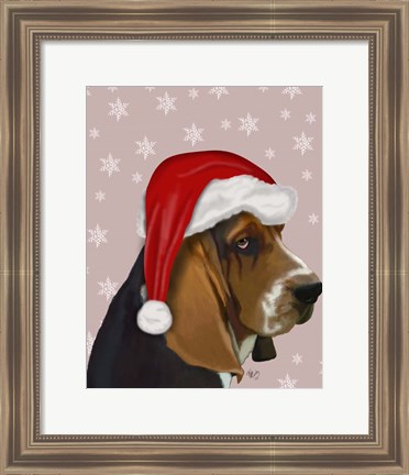 Framed Basset Hound, Christmas Hat Print