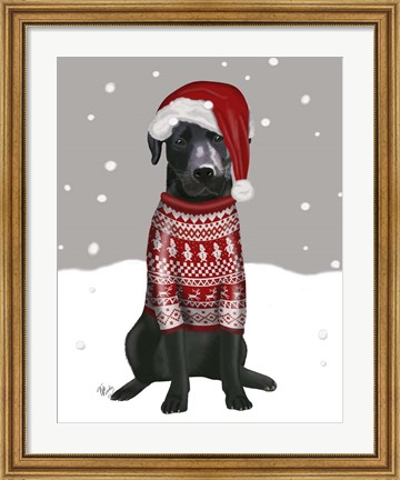 Framed Black Labrador, Christmas Sweater 1 Print