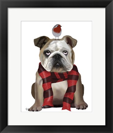 Framed English Bulldog, Scarf and Robin Print