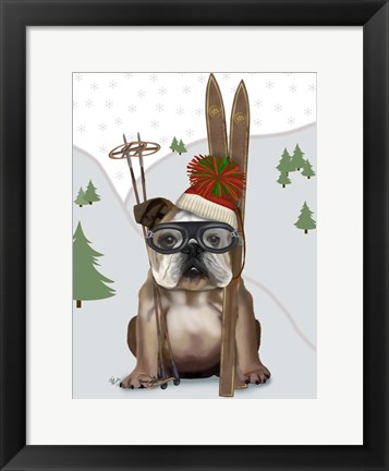 Framed English Bulldog, Skiing Print