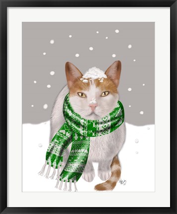 Framed White Cat, Green Scarf Print