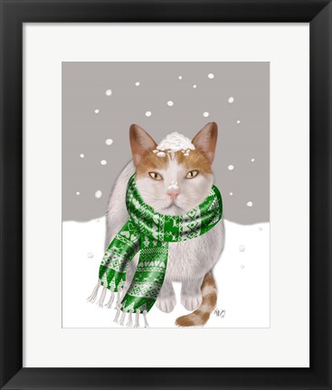 Framed White Cat, Green Scarf Print